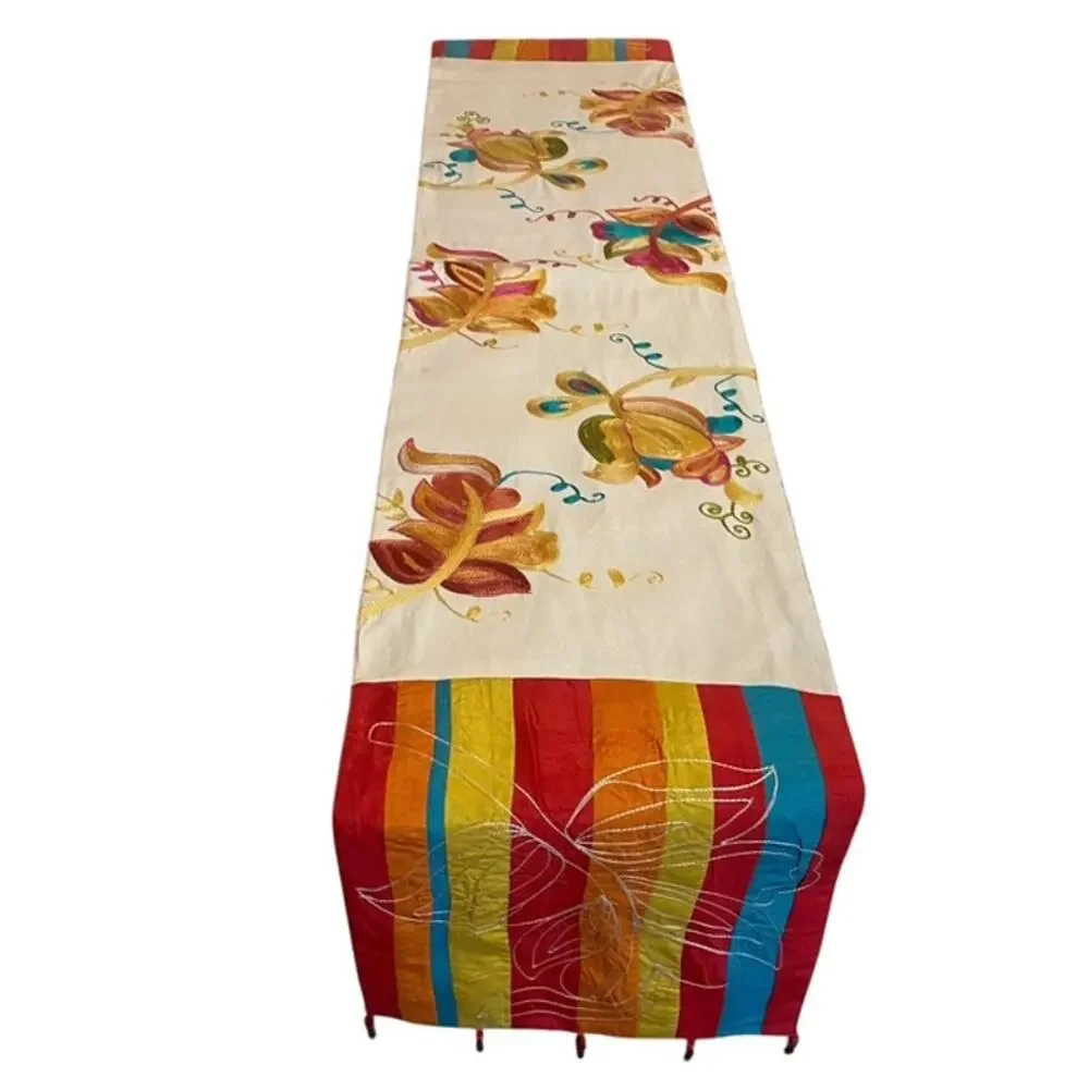 Sole Colorful Floral Embroidery w/ Stripes and Beaded Embellishment Table Runner